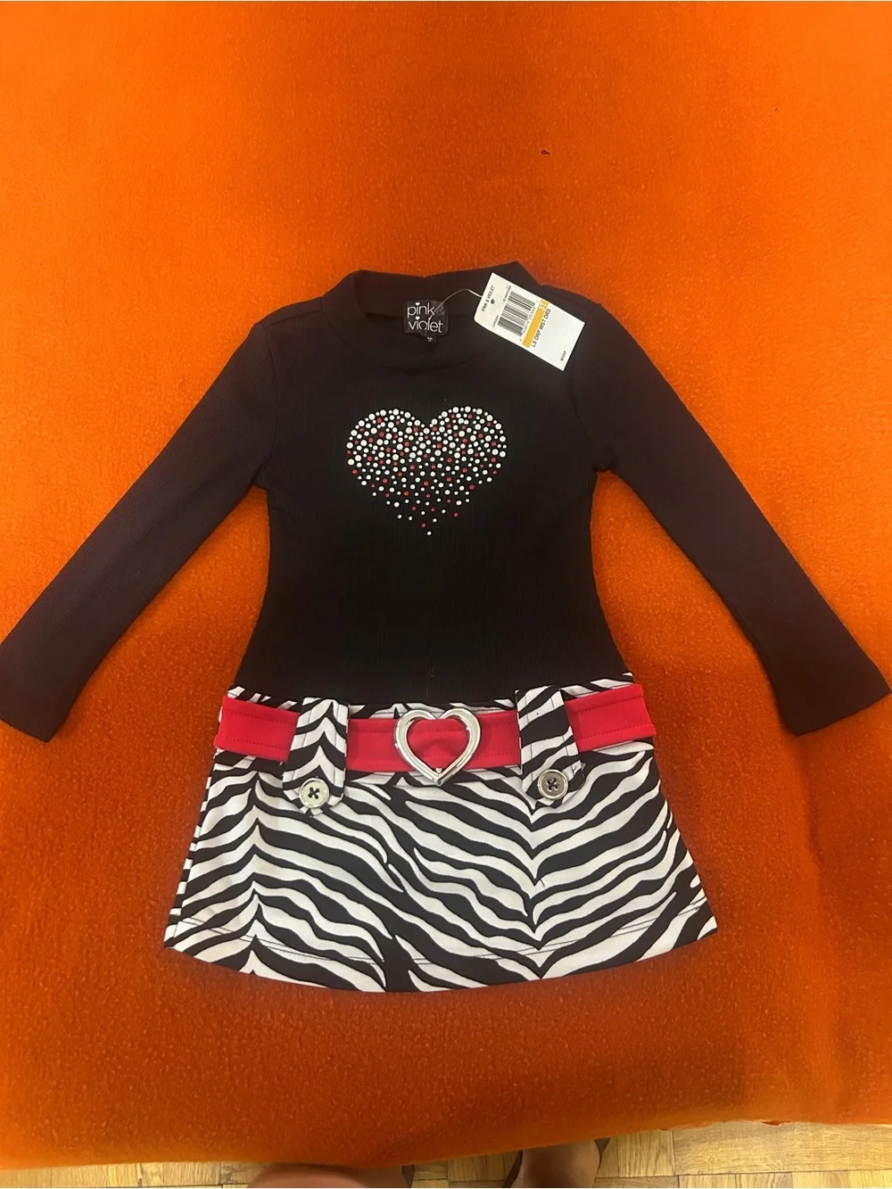 Velvet Black Long-Sleeve Top with Zebra Skirt and Pink Heart Belt ( one piece)